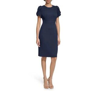 Calvin Klein Scuba Sheath Dress 6 Navy Blue Short Tulip Sleeve Stretch Crew